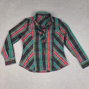 NY & Co 7th Avenue‎ Shirt Womens Medium Plaid Ruffle Retro V neck Button Down